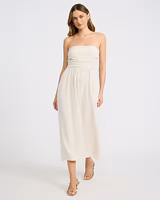 Summer-Blend Linen Strapless Ruched Smocked Back Midi Dress with Pockets