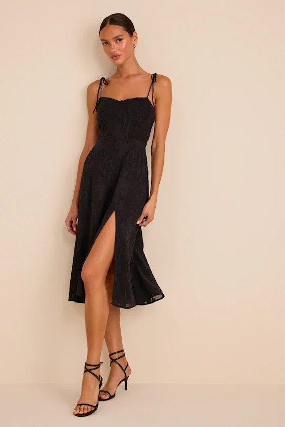 Image of Loveliest Looks Black Floral Jacquard Tie-Strap Midi Dress