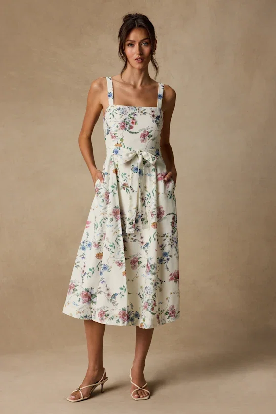 Image of Sunny Posture Ivory Floral Sleeveless Midi Dress