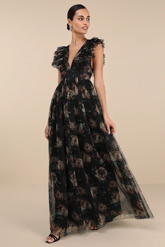 Image of Simply Delighted Black Floral Mesh Ruffled Backless Maxi Dress