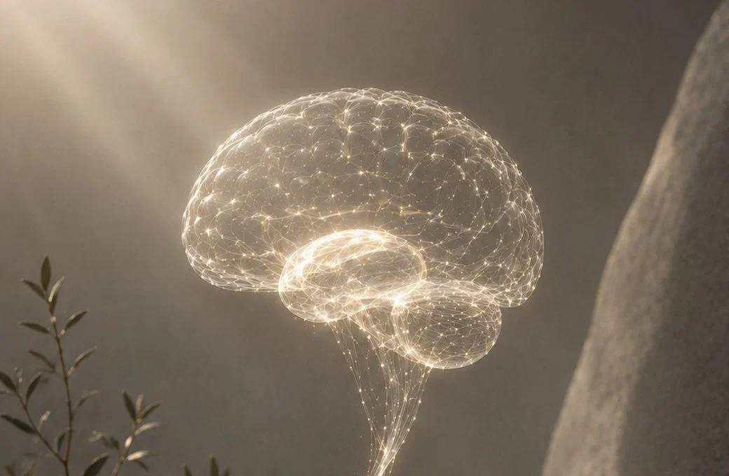 Glowing neural brain resting on calm stones