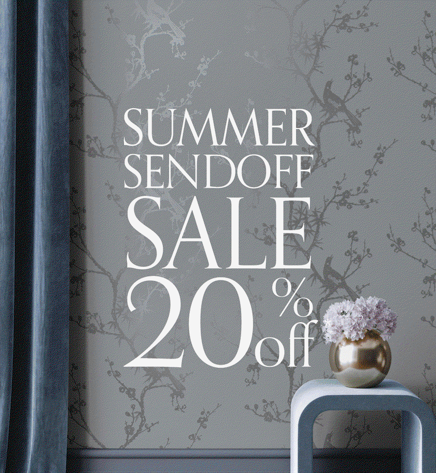 Gif image showing various Tempaper wallpapers installed in different room settings. Text overlay "Summer Sendoff Sale 20% off*"