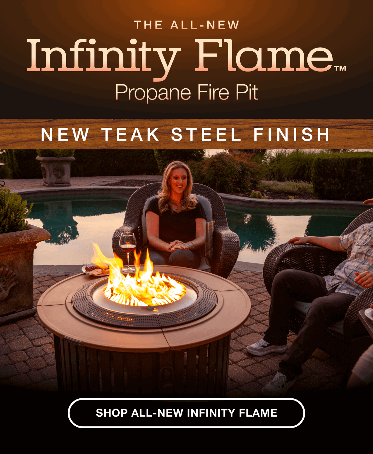 Infinity Flame Propane Fire Pit + Surround Surface - Teak Steel Finish