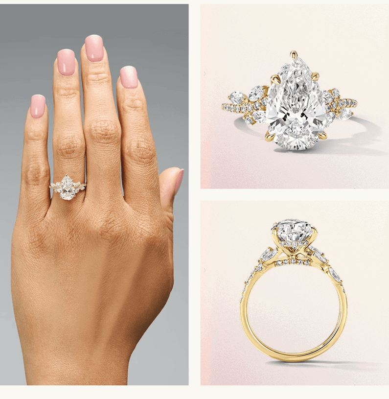 Yellow gold engagement ring featuring large pear-shaped diamond from three different perspectives.