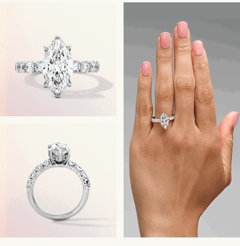 White gold eternity band with centered marquise-cut diamond, presented from three angles.