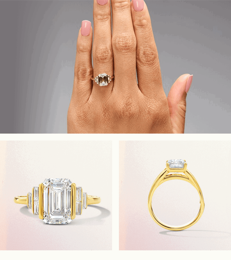 Yellow gold engagement ring with a striking Art Deco-inspired design, shown from three perspectives.