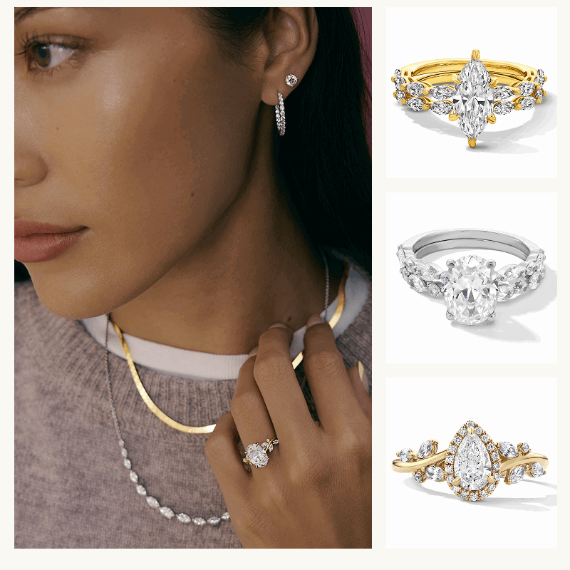 Model wearing diamond jewelry, alongside three nature-inspired diamond rings set in various metals, with diverse stones. 