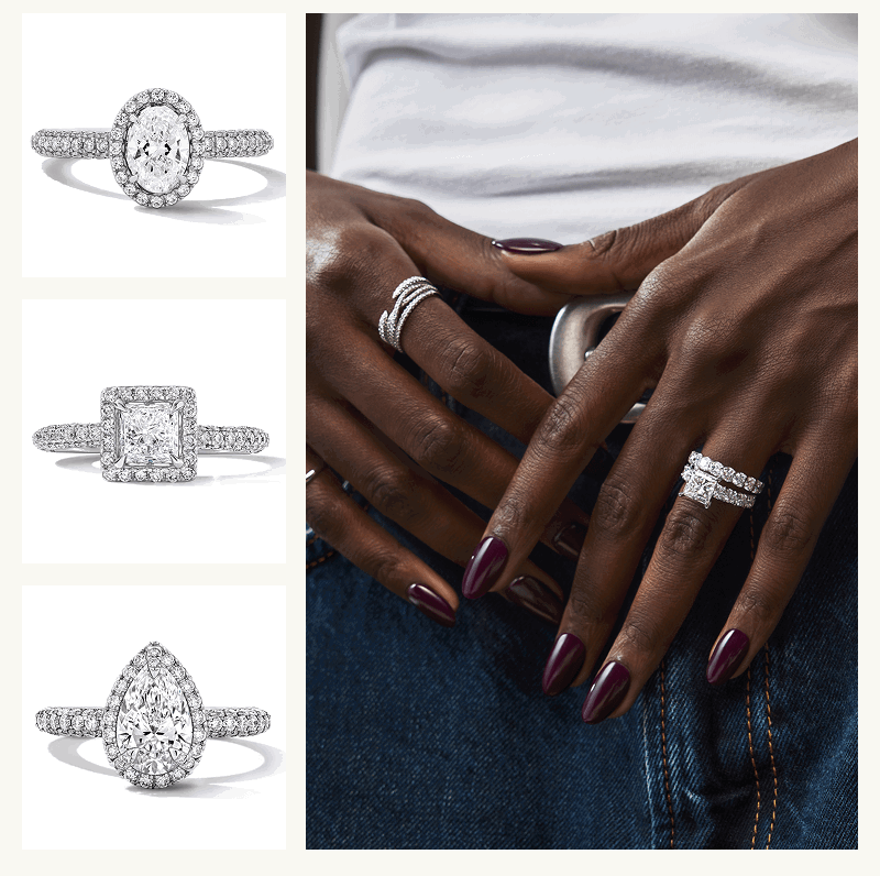 A model wearing square-cut diamond paired with matching eternity band, alongside eternity rings with various diamond shapes.