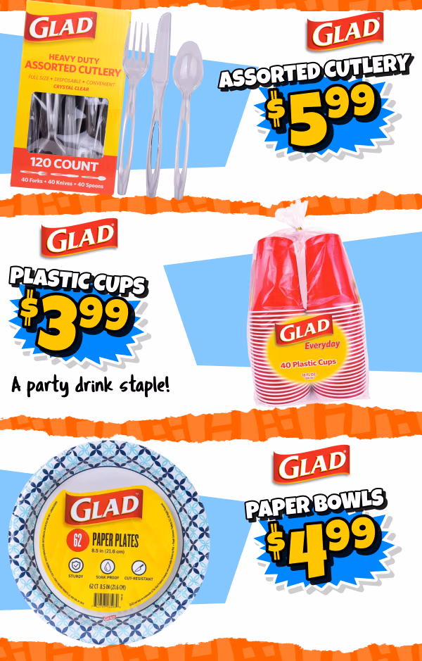 Plastic cutlery, plastic cups, and paper plates
