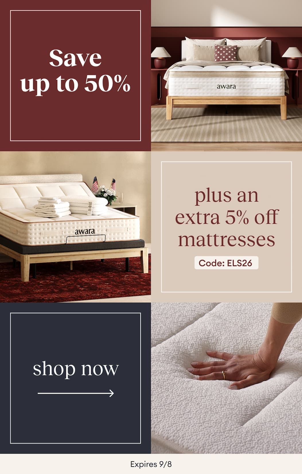 Save up to 50% + Extra 5% Off Mattresses. Use code ELS26 >