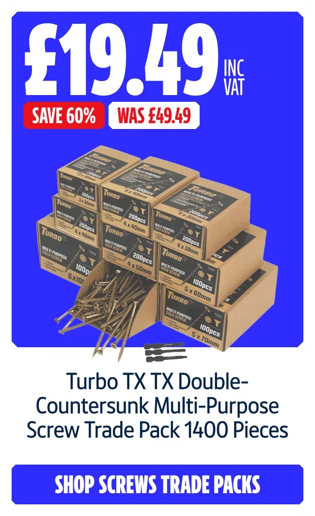 Save 60% on Turbo TX TX Double-Countersunk Multi-Purpose Screw Trade Pack 1400 Pieces Now £19.49 inc VAT Was £49.49. Shop screws trade packs