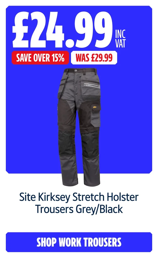 Save Over 15% on Site Kirksey Stretch Holster Trousers Grey/Black. Now £24.99 inc VAT Was £29.99. Shop work trousers