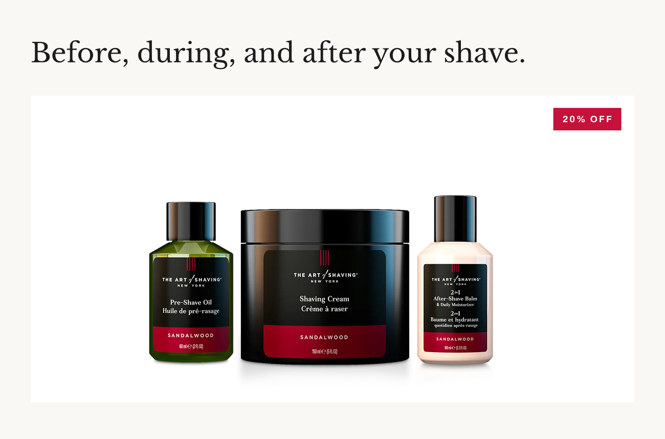 Header text, “Before, during, and after your shave” with Sandalwood shave essentials.