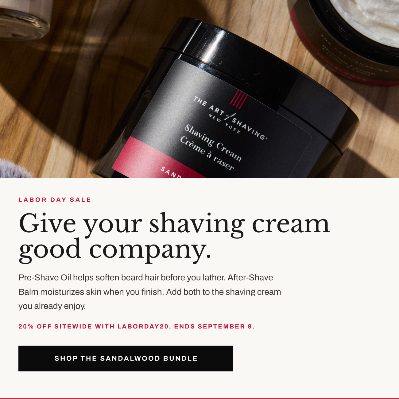 Product image of Sandalwood Shaving Cream with Labor Day sale messaging and “Shop the Sandalwood Bundle” button.