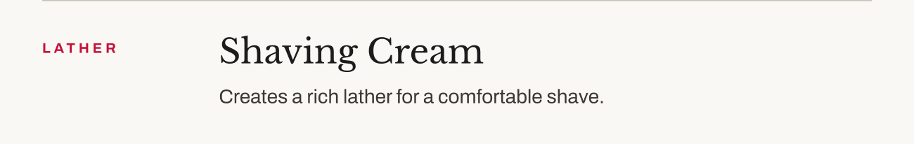 Header text, “Lather: Shaving Cream creates a rich lather for a comfortable shave.”