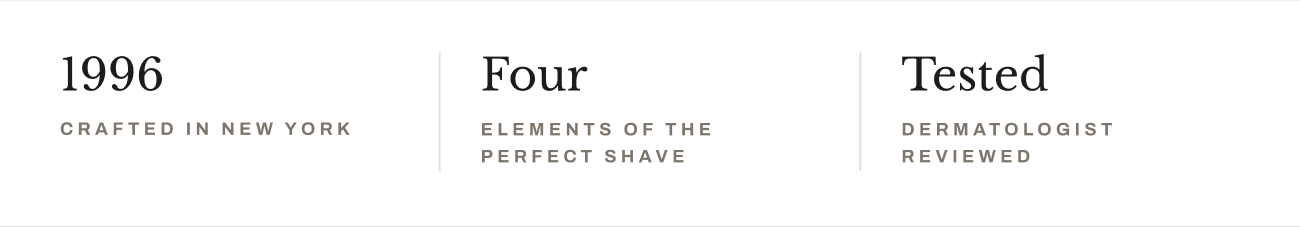 Brand details: “1996. Crafted in New York. Four elements of the perfect shave. Dermatologist reviewed.”