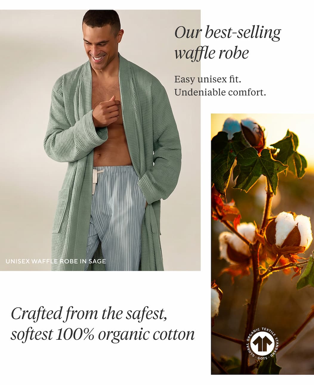 Our best-selling waffle robe Easy unisex fit. Undeniable comfort.  Crafted from the safest, softest 100% organic cotton