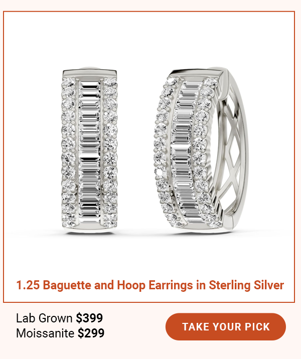 1.25 Baguette and Hoop Earrings in Sterling Silver