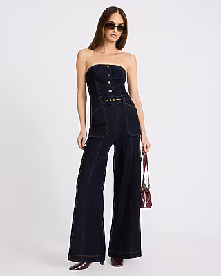 Stretch Denim Strapless Belted Wide Leg Jumpsuit