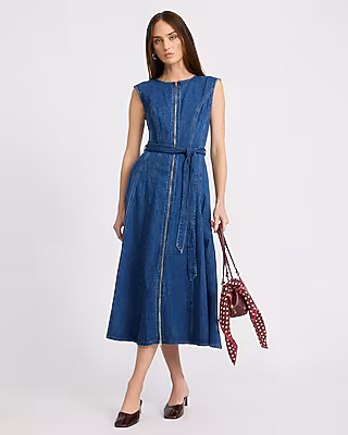 Stretch Denim Cap Sleeve Zip Front Belted Midi Dress