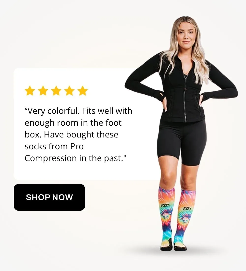 “Very colorful. Fits well with enough room in the foot box. Have bought these socks from Pro Compression in the past.
