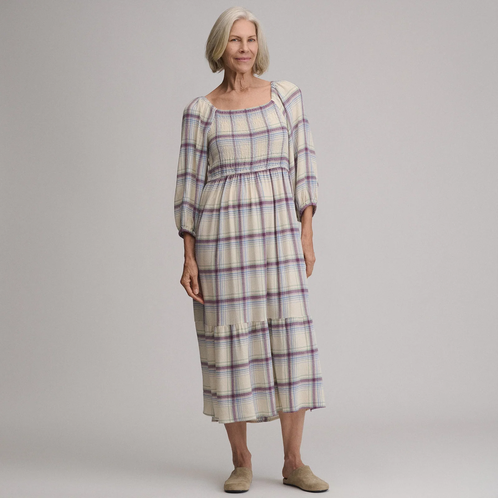 Image of Women's Plaid 3/4 Sleeve Smocked Bodice Dress