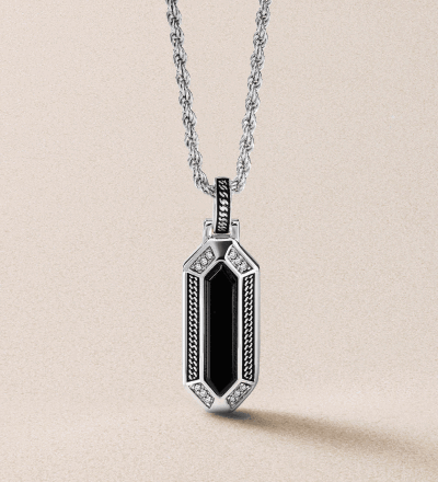 Black onyx men’s pendant on a silver chain.