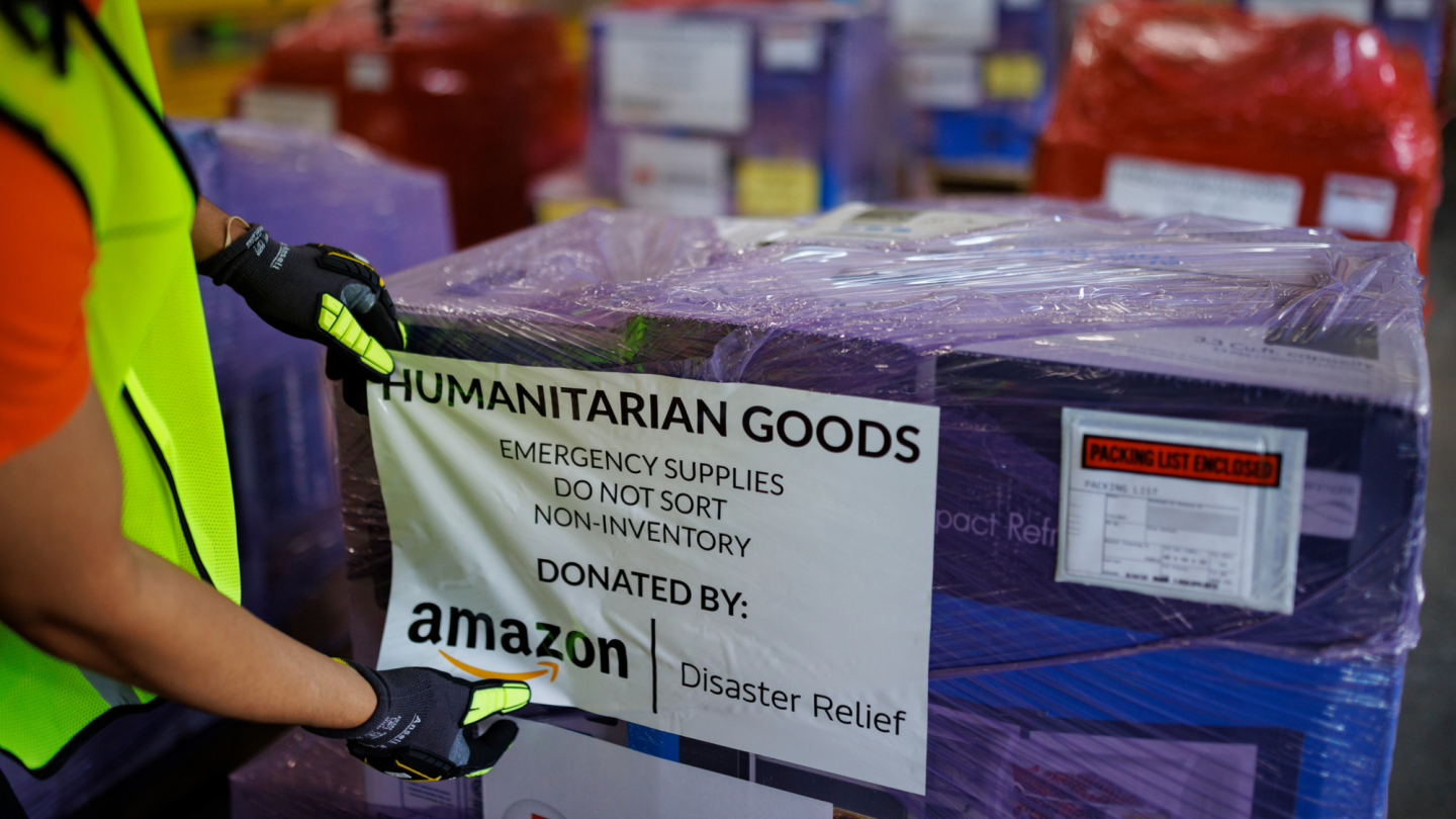 Amazon Disaster Relief shipment of non-inventory emergency supplies wrapped on a pallet