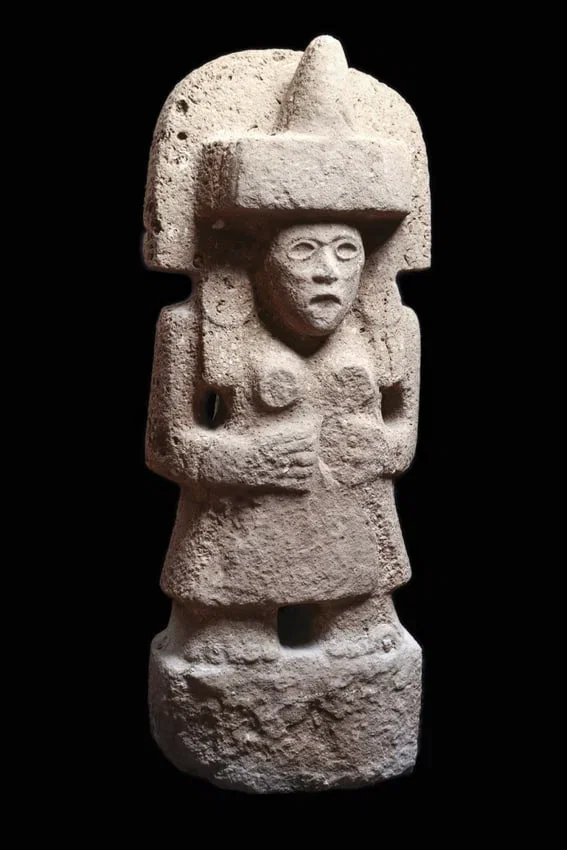 Huastec Stone Female Figure Boundary Marker with Crescent Headdress