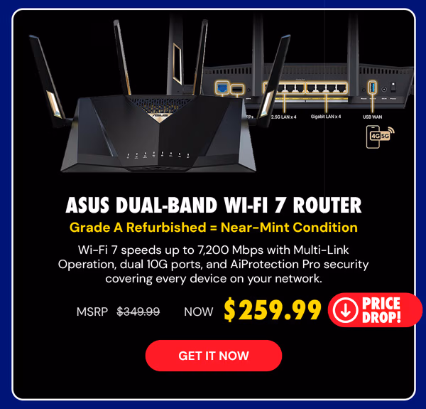 ASUS RT-BE7200 (BE88U) Dual-Band Wi-Fi 7 Router (Refurbished)