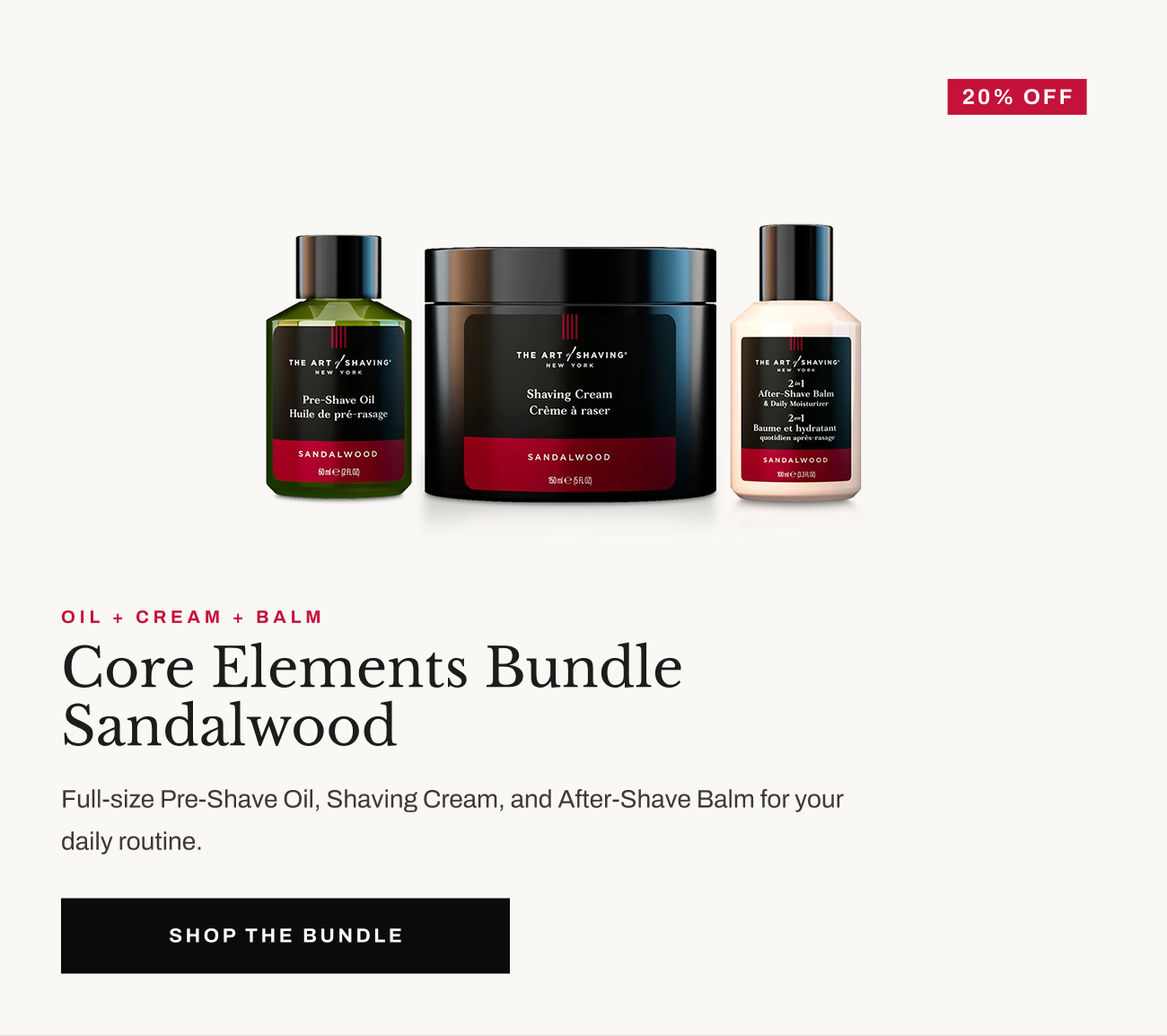 Product image of Core Elements Bundle Sandalwood with “Shop the Bundle” button.
