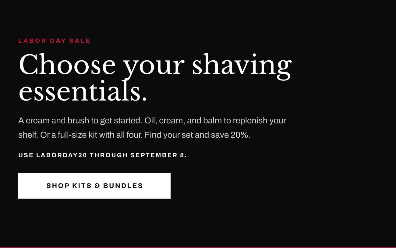 Header text, “Choose your shaving essentials” with “Shop Kits & Bundles” button.