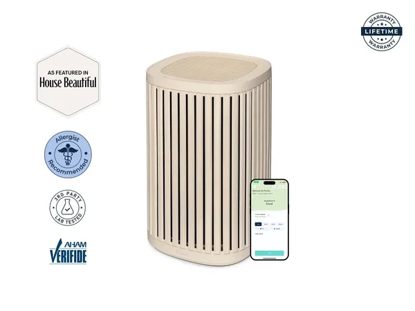 Windmill Air Purifier in Sand, a compact HEPA air purifier with a wood-toned finish