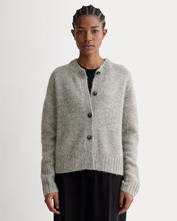 Image | Model in The Crew Cardigan in Alpaca | Heather Stone Grey