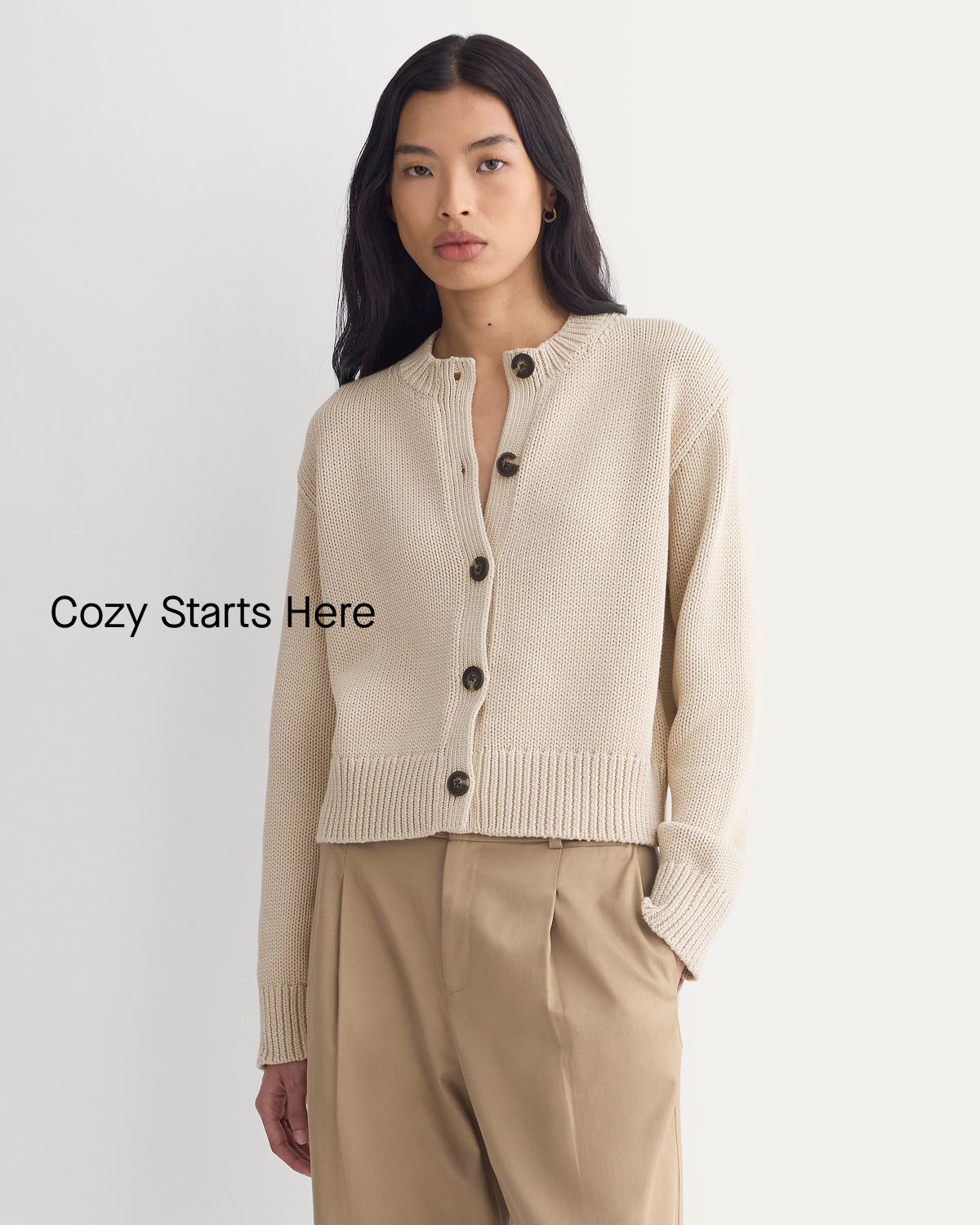 Image | Cozy Starts Here | Model in Open-Knit Cardigan Crew in Elevated Cotton | Peyote