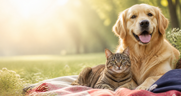 Golden retriever and tabby cat relaxing outdoors