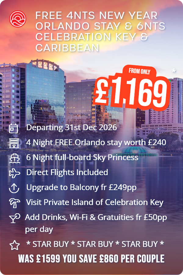 Free 4nts New Year Orlando Stay & 6nts Celebration Key & Caribbean – Smart Holiday promotional image. From £1,169 Includes: Departing 31st Dec 2026, 4 Night FREE Orlando stay worth £240, 6 Night full-board Sky Princess, Direct Flights Included, Upgrade to Balcony fr £249pp, Visit Private Island of Celebration Key, Add Drinks, Wi-Fi & Gratuities fr £50pp per day, * STAR BUY * STAR BUY * STAR BUY *. WAS £1599 YOU SAVE £860 PER COUPLE