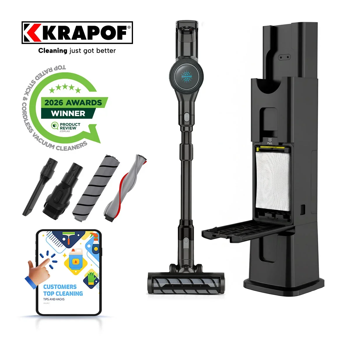 Image of KRAPOF® Auto Clean Self Empty Slim Power Vac Cordless Stick Vacuum