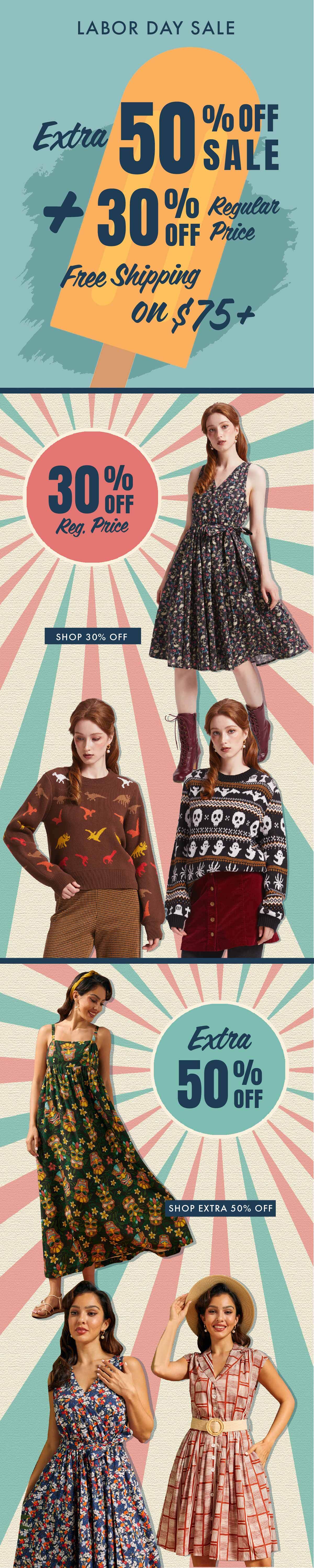 30% off Full Price, Extra 50% off Sale, Free Shipping on $75+