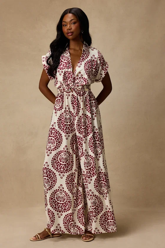 Image of Dolla White and Magenta Boho Print Wide-Leg Jumpsuit
