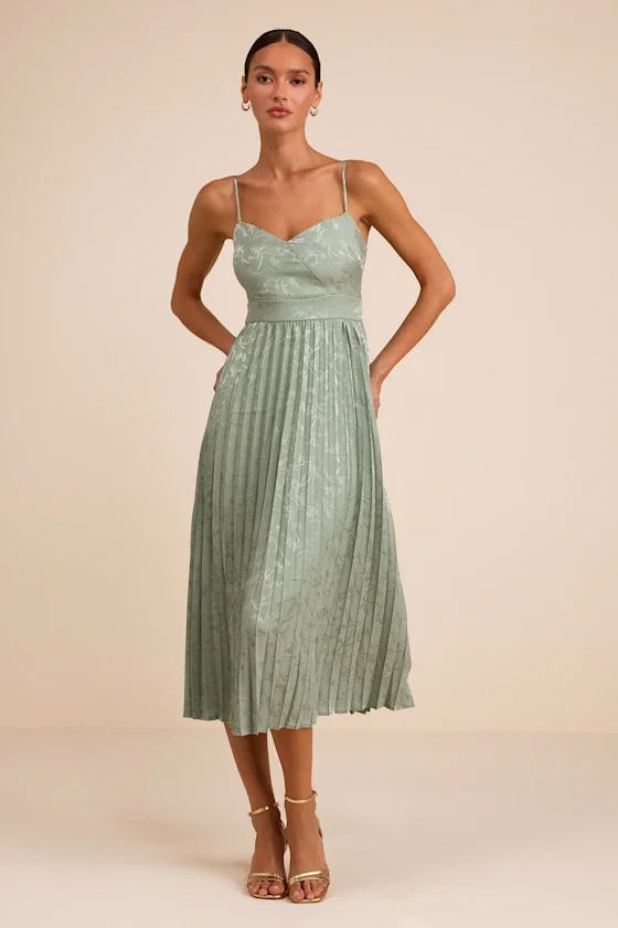 Image of Regal Romance Sage Floral Jacquard Pleated Satin Midi Dress