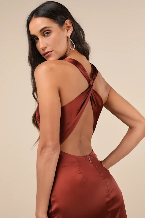Image of Purely Elegant Rust Brown Satin Twist-Back Maxi Dress