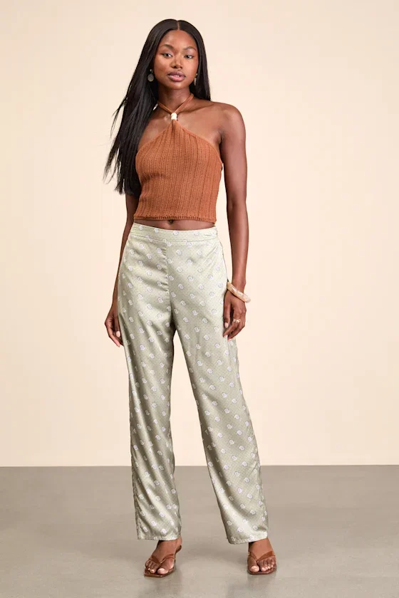 Image of Kiora Sage Boho Print Satin Straight Leg Pants