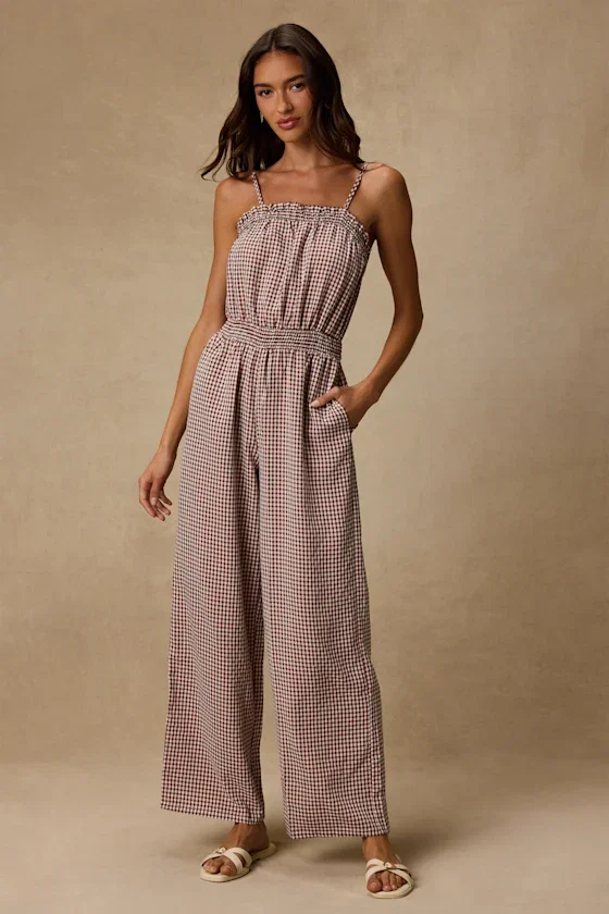 Image of Dylan Brown Gingham Wide-Leg Jumpsuit