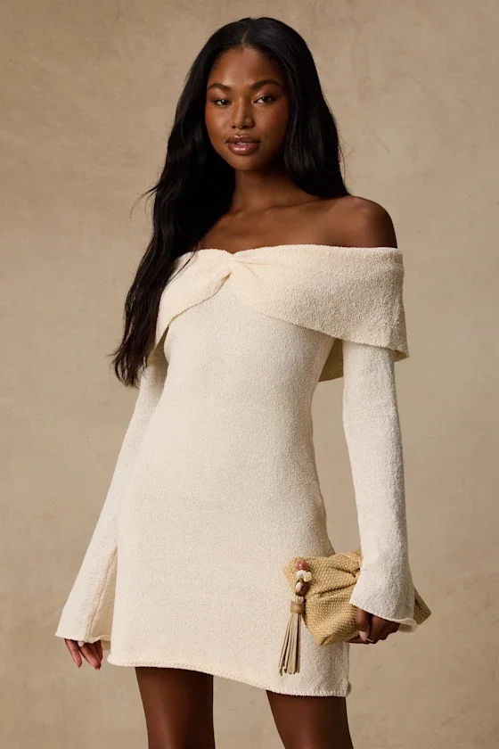 Image of Pemryn Cream Off-the-Shoulder Mini Sweater Dress