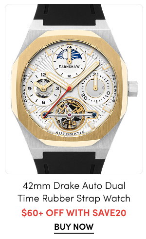 ES-8315-02 | Thomas Earnshaw Men's 42mm Drake Automatic Dual Time Rubber Strap Watch – $60+ Off with SAVE20
