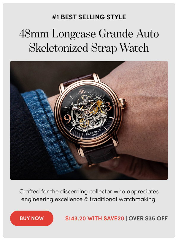 ES-8011-07 | Thomas Earnshaw Men's 48mm Longcase Grande Auto Skeletonized Strap Watch – $143.20 with SAVE20