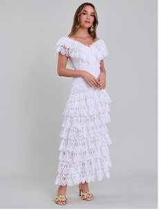 White Maxi Skirt with Tiered Lace Ruffles
