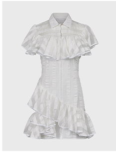 White Tonal Striped Dress with Cascading Ruffles