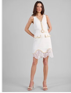 Moon White and Gold Tweed Sleeveless Dress With Scalloped Hem